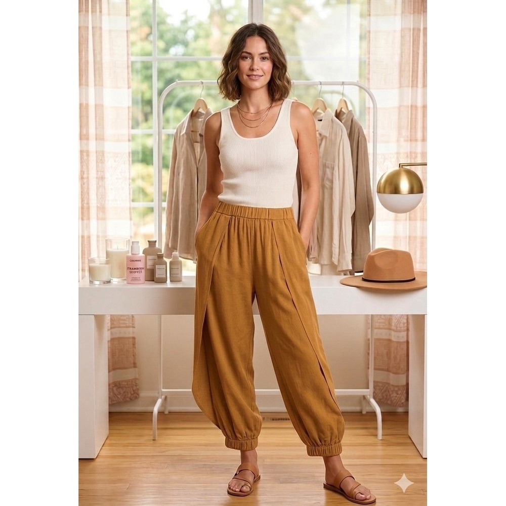 Zenana Boho Hippie Whimsy Mustard Yellow Tulip Hem Harem Pants Joggers Womens L
